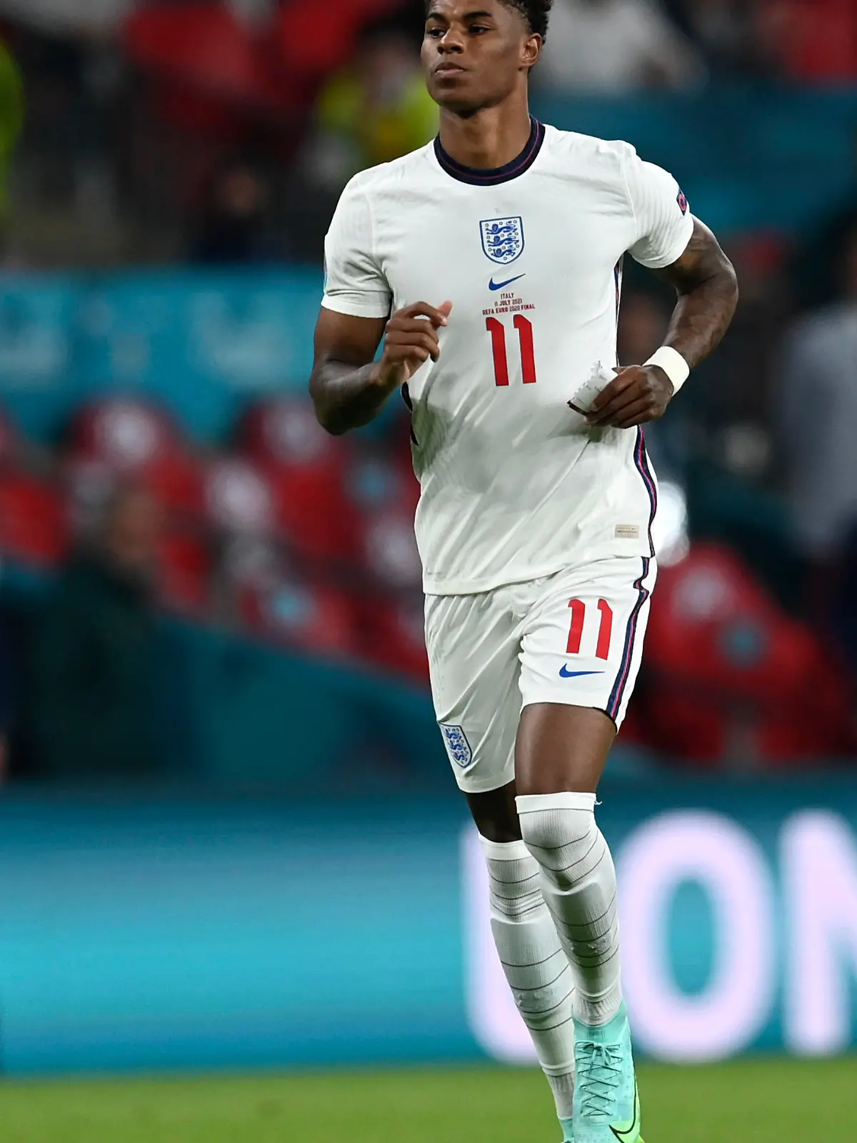 England's Marcus Rashford enters the pitch during the Euro 2020 soccer championship final match between England and Italy at Wembley Stadium in London, Sunday, July 11, 2021. (Paul Ellis/Pool via AP)