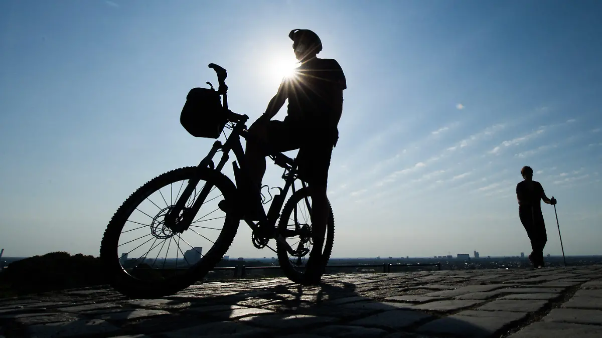 Ein Ausflügler sitzt am 12.07.2015 in München (Bayern) auf seinem Fahrrad am Olympiaberg und blickt in die Ferne. Foto: Tobias Hase/dpa +++(c) dpa - Bildfunk+++
