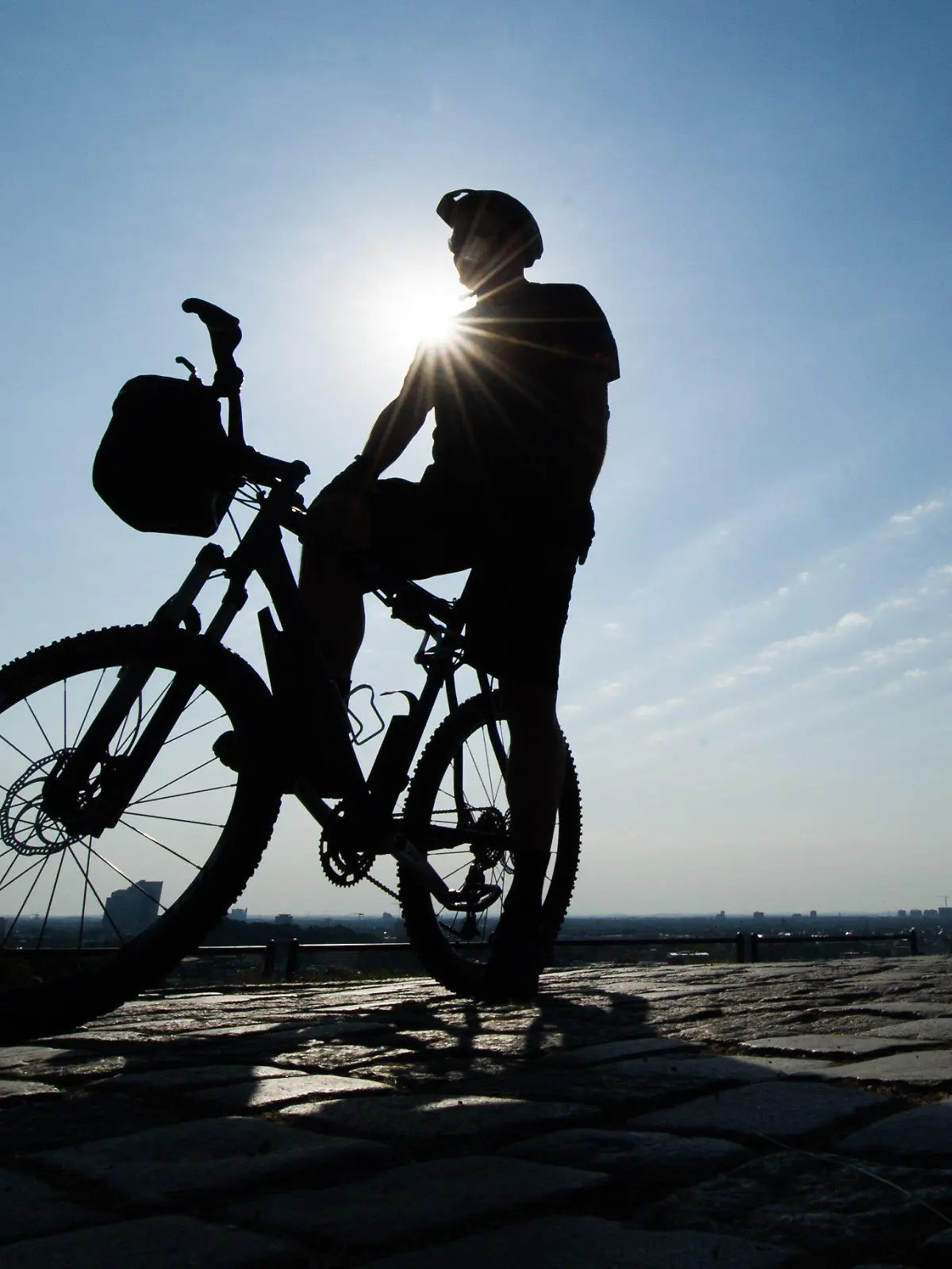 Ein Ausflügler sitzt am 12.07.2015 in München (Bayern) auf seinem Fahrrad am Olympiaberg und blickt in die Ferne. Foto: Tobias Hase/dpa +++(c) dpa - Bildfunk+++