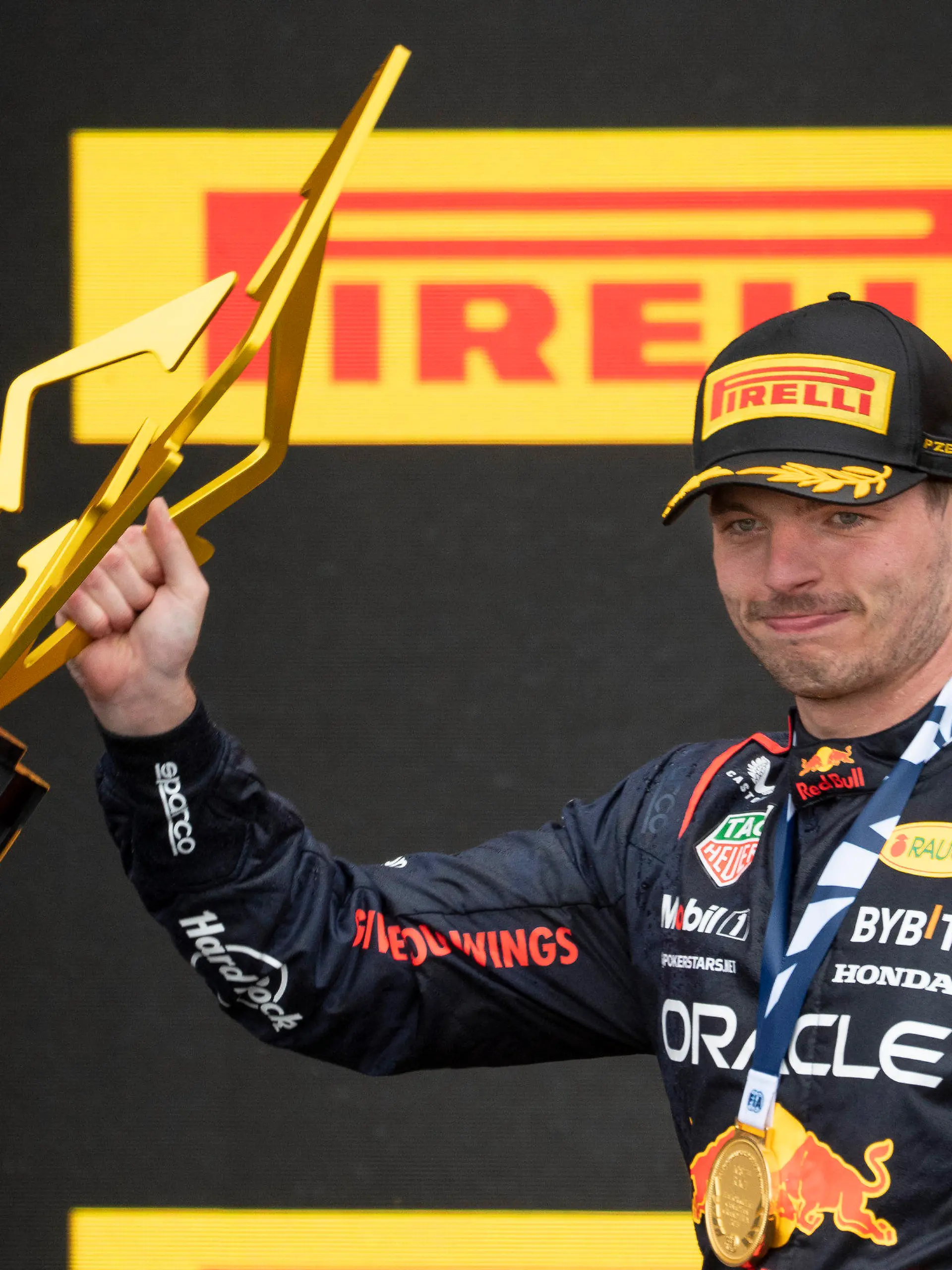 Red Bull Racing's Max Verstappen, of the Netherlands, celebrates his victory after the Formula One Canadian Grand Prix auto race Sunday, July 18, 2023, in Montreal. (Paul Chiasson/The Canadian Press via AP)