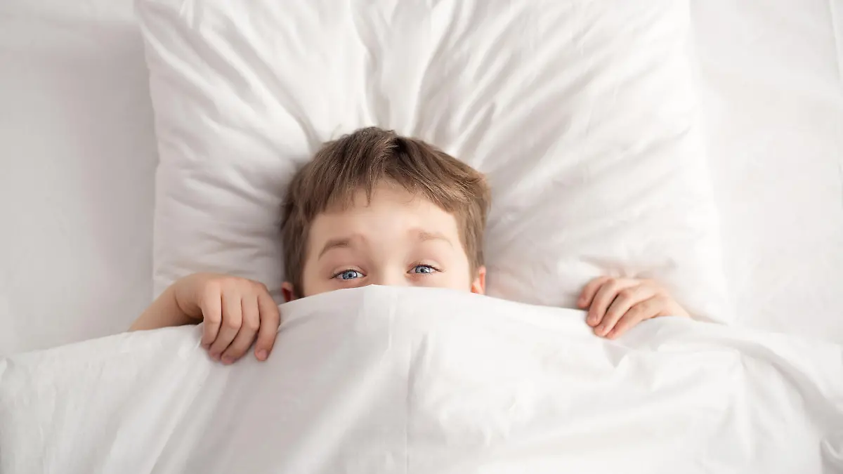 Cheerful boy in white bed under white blanket. Sleeping boy. Sleeping child