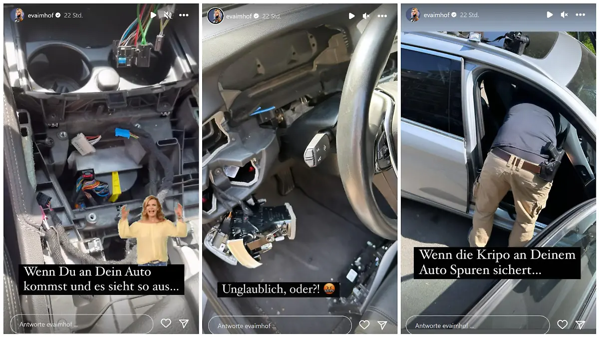 Eva Imhof hat schwere Schäden an ihrem Auto zu beklagen: „Die komplette Elektronik ist rausgerissen.“
