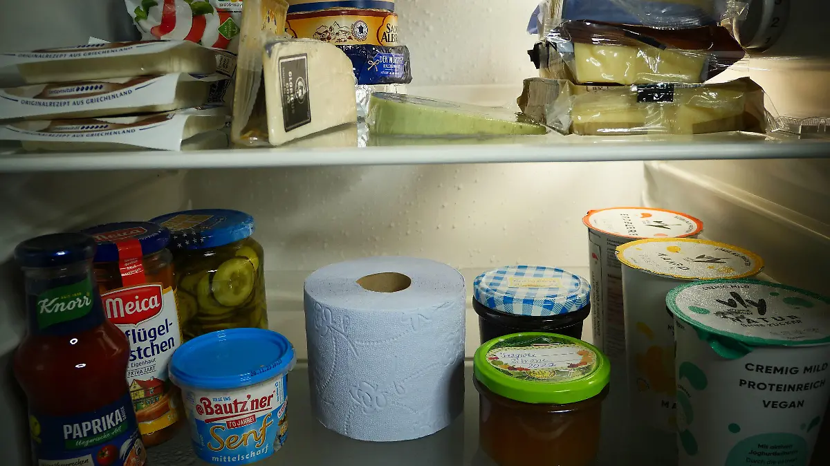 ILLUSTRATION - Toilettenpapier (WC Papier, WC-Papier) im Kühlschrank.
