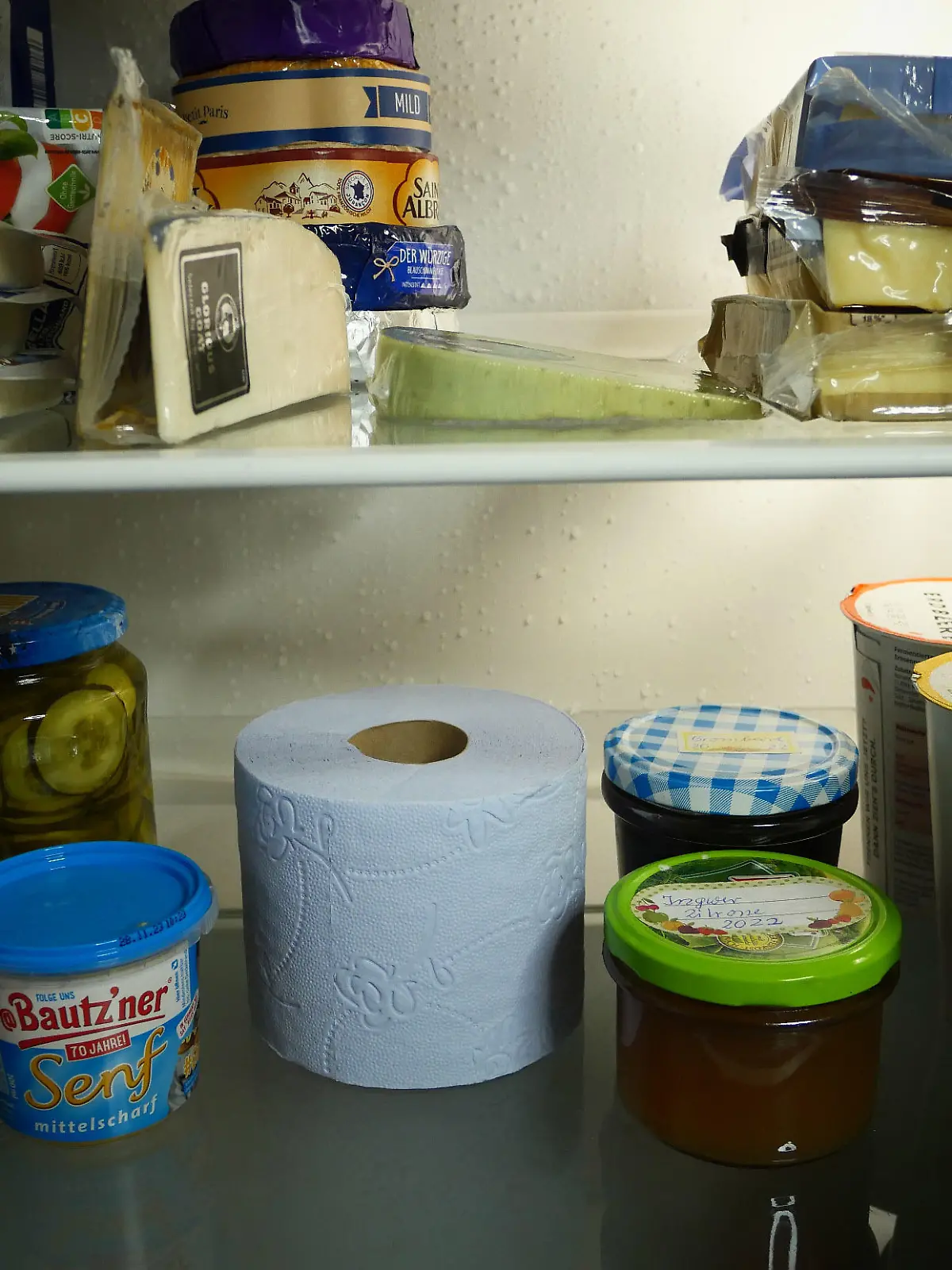 ILLUSTRATION - Toilettenpapier (WC Papier, WC-Papier) im Kühlschrank.