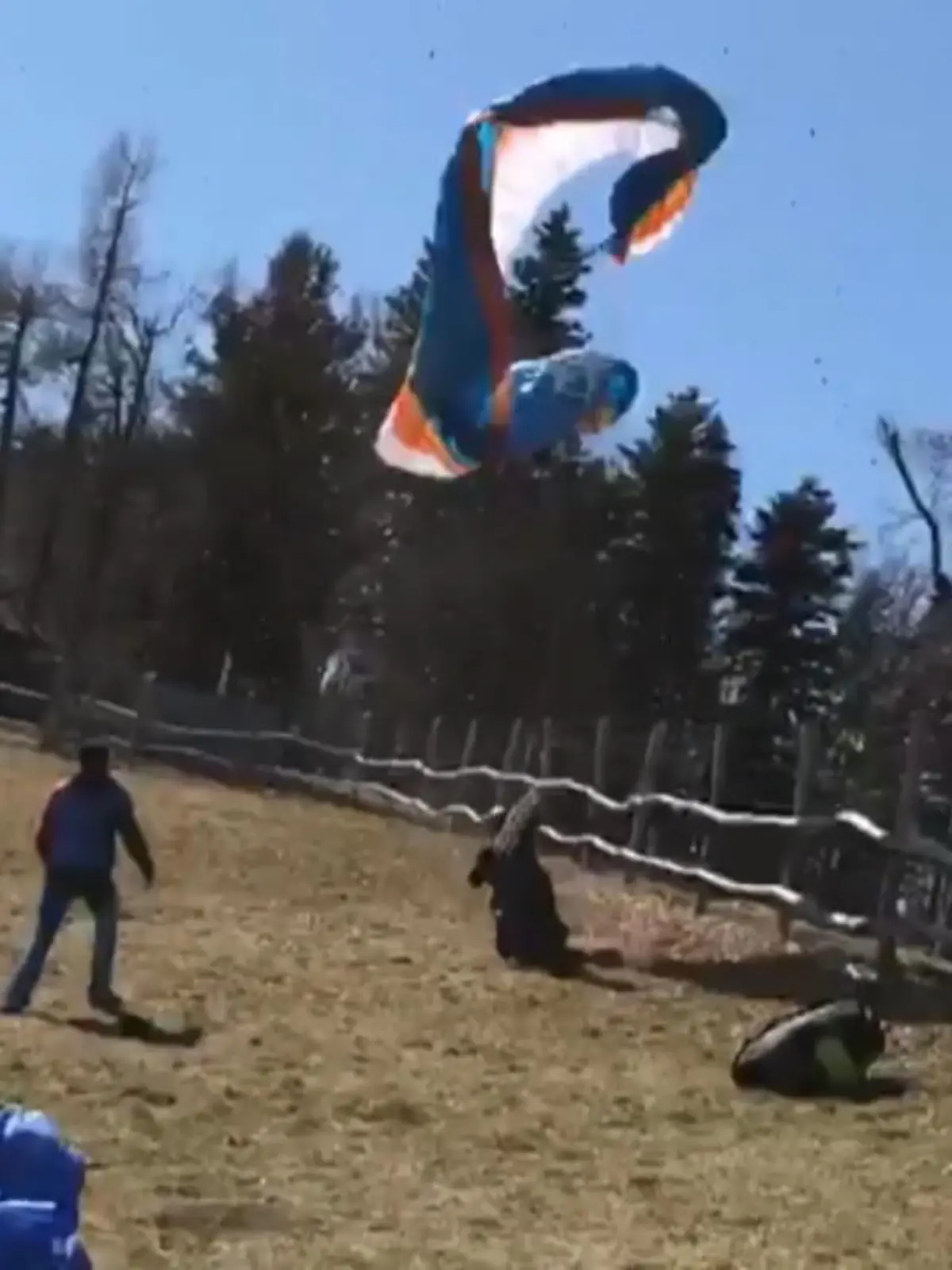 Der Mann wird von dem Wind mitgerissen und prallt gegen einen Baum und einen Zaun.