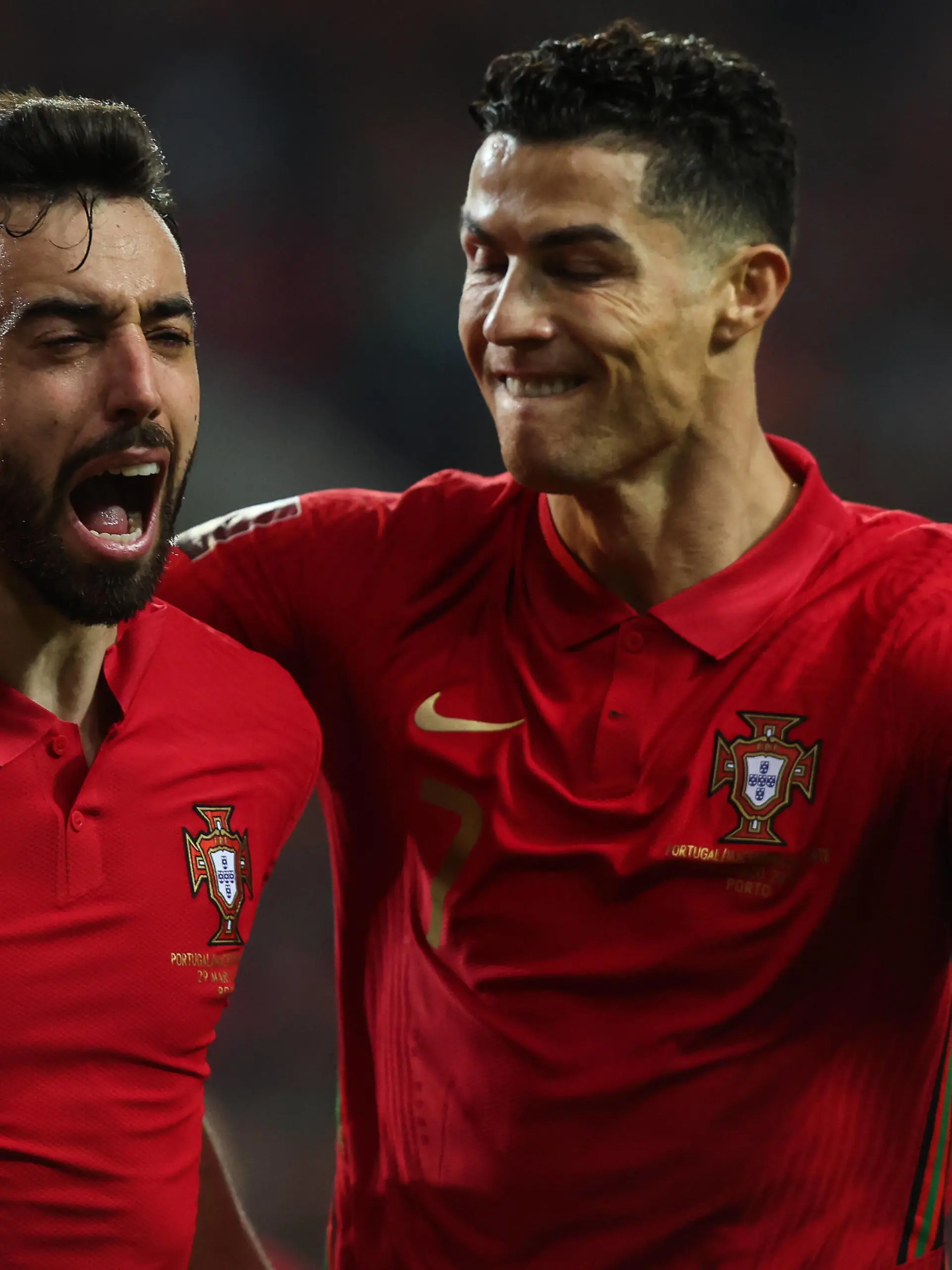 Play-off final - Portugal-North Macedonia Porto, 03/29/2022 - The Portugal team hosted North Macedonia tonight, at Estdio do Drago, in the final of the Play-Off for Access to the 2022 World Cup in Qatar. Party by Bruno Fernandes Cristiano Ronaldo Ivan Del Val/Global Images  PUBLICATIONxINxGERxSUIxAUTxHUNxONLY xIvanxdelxValx 