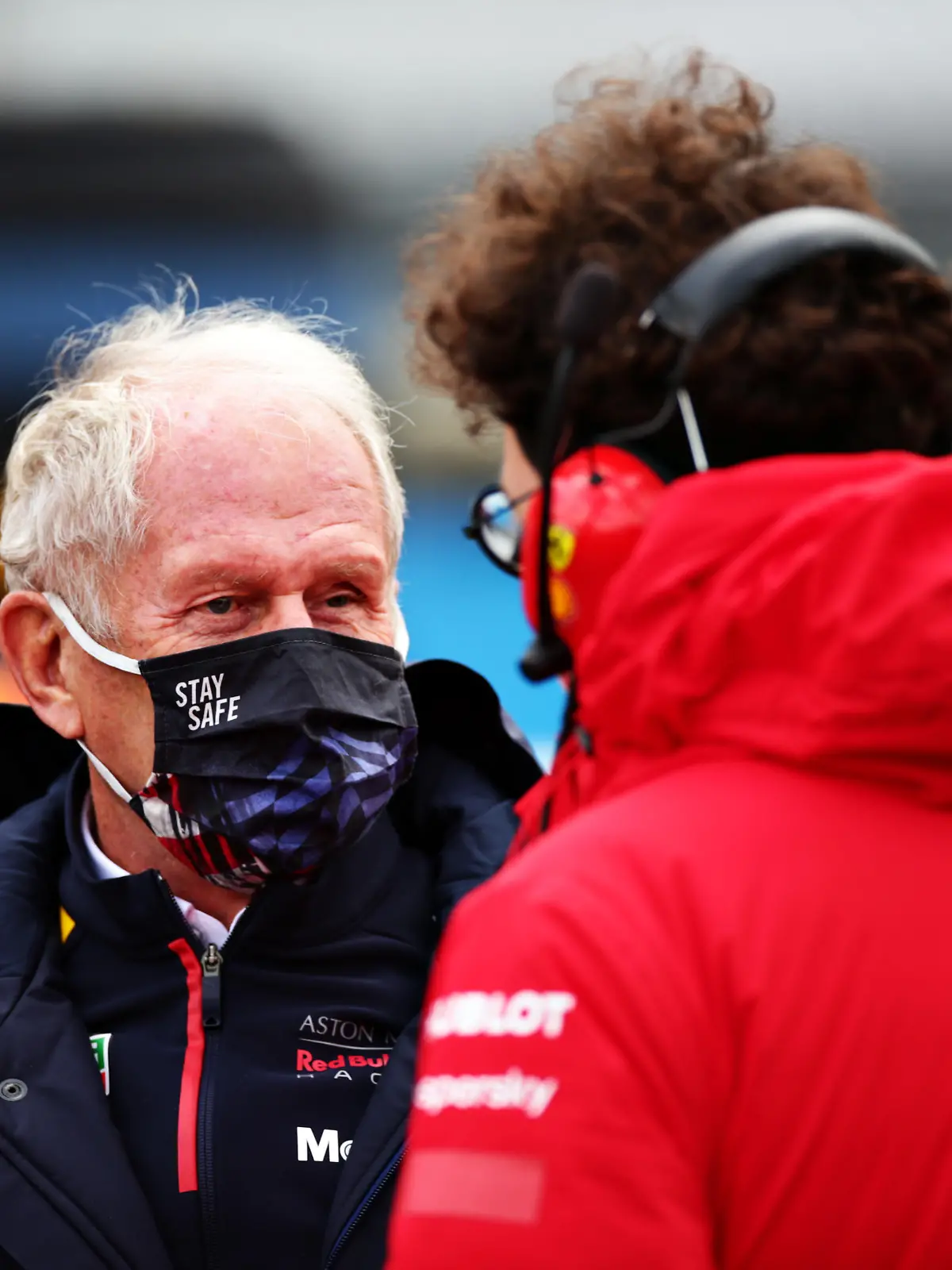 NUERBURG, GERMANY - OCTOBER 11: Red Bull Racing Team Consultant Dr Helmut Marko and Scuderia Ferrari Team Principal Mattia Binotto talk on the grid before the F1 Eifel Grand Prix at Nuerburgring on October 11, 2020 in Nuerburg, Germany. (Photo by Peter Fox/Getty Images)