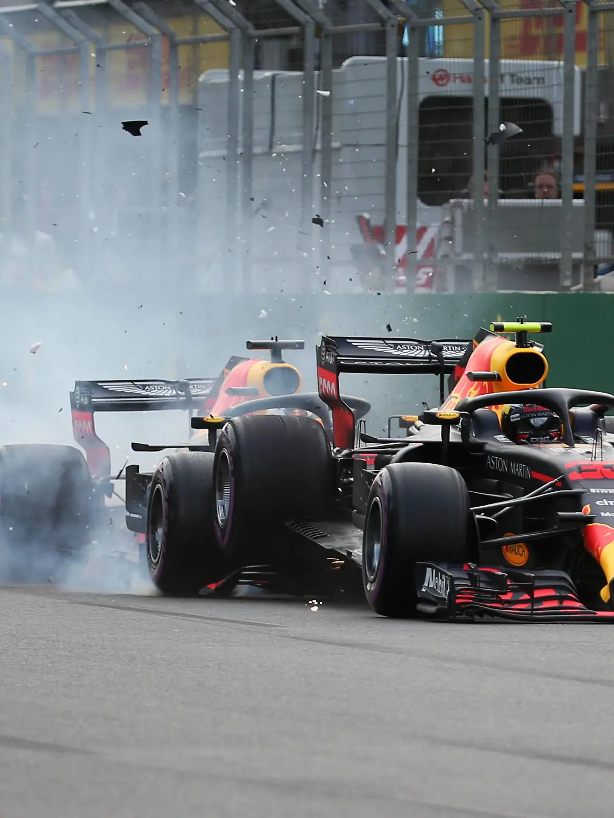 2018 Azerbaijan GP BAKU CITY CIRCUIT, AZERBAIJAN - APRIL 30: Max Verstappen (NED) Red Bull Racing RB14 and Daniel Ricciardo (AUS) Red Bull Racing RB14 crash during the Azerbaijan GP at Baku City Circuit on April 30, 2018 in Baku City Circuit, Azerbaijan. (Photo by Hasan Bratic / Sutton Images) Images) PUBLICATIONxINxGERxSUIxAUTxHUNxONLY dcd1829ap696  