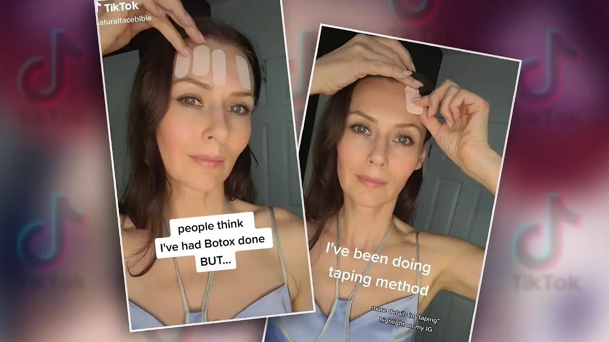 Eine Frau auf TikTok nutzt Kinesio-Tapes in ihrem Gesicht.
