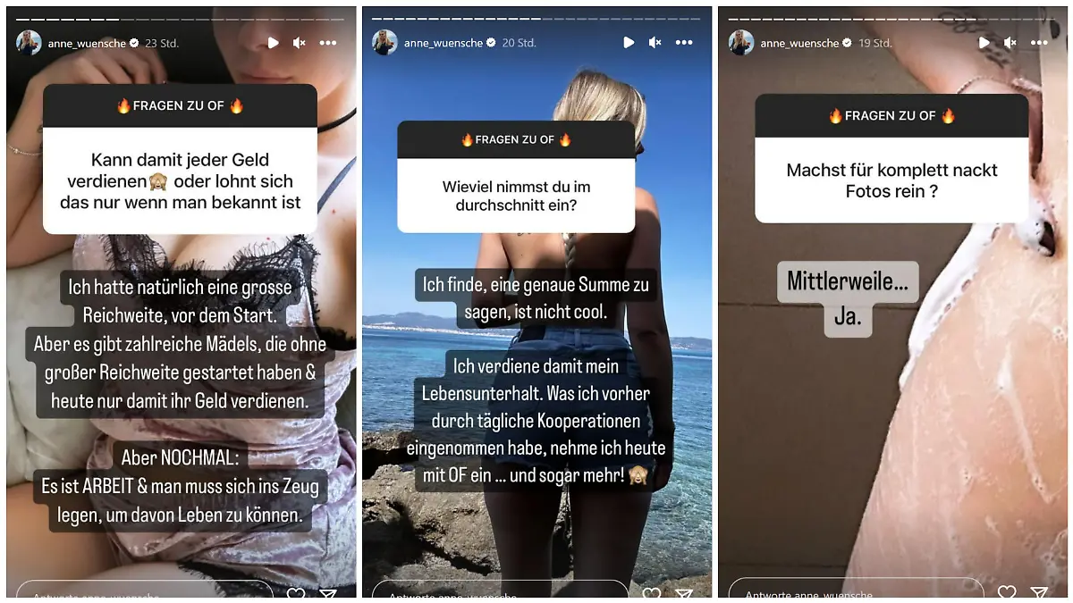 Auf Instagram beantwortet Anne Wünsche die Fragen ihrer Fans rund um ihren OnlyFans-Account.