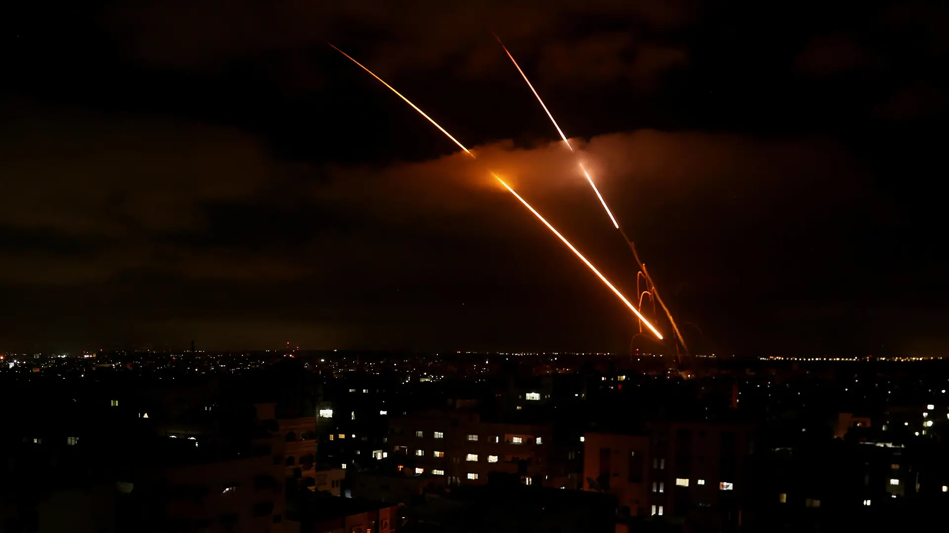 May 19, 2021, Gaza, Gaza Strip, Palestinian Territory: Israel s Iron Dome anti-missile system intercept rockets launched from the Gaza Strip towards Israel, as seen from Gaza strip, on May 19, 2021. Deafening air strikes and rocket fire once more shook Gaza overnight and early Wednesday amid an international diplomatic push to broker a ceasefire after more than a week of bloodshed Gaza Palestinian Territory - ZUMAap3_ 20210519_zaf_ap3_162 Copyright: xBasharxTalebx