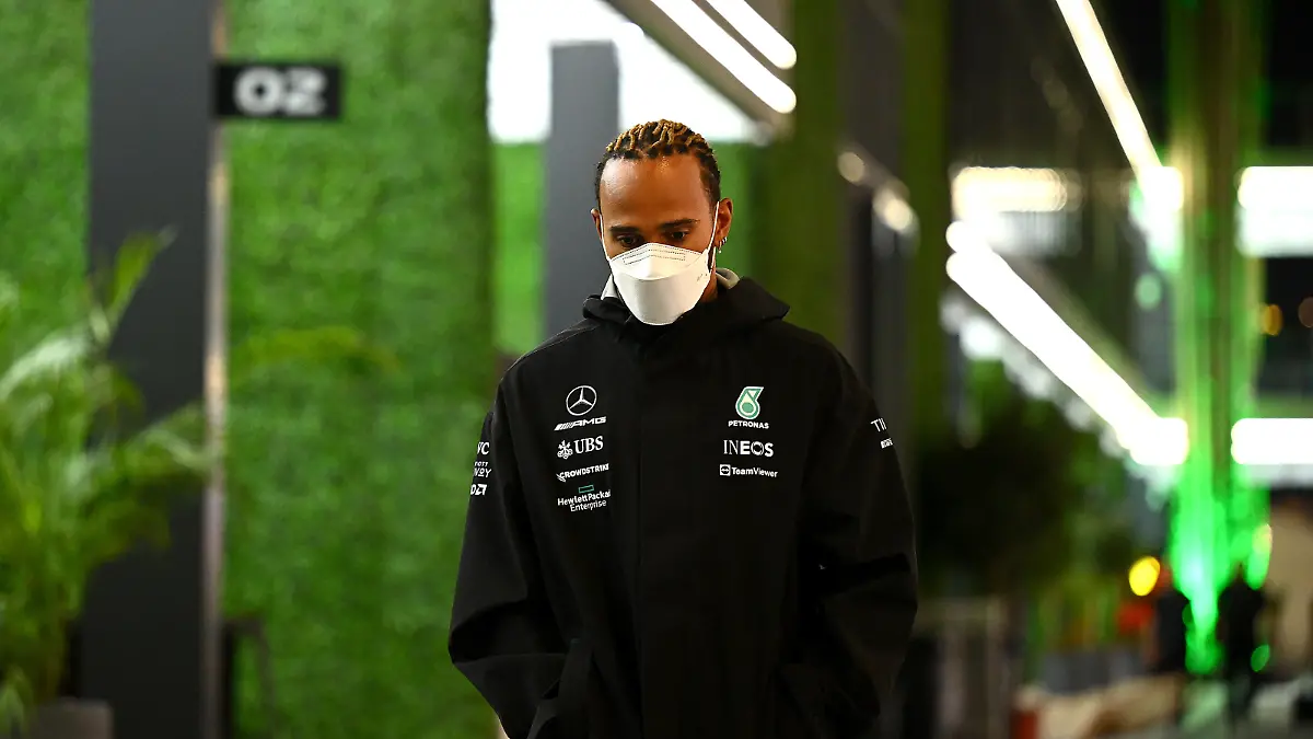 JEDDAH, SAUDI ARABIA - MARCH 25: Lewis Hamilton of Great Britain and Mercedes leaves the paddock after the drivers and team principals meeting after practice ahead of the F1 Grand Prix of Saudi Arabia at the Jeddah Corniche Circuit on March 25, 2022 in Jeddah, Saudi Arabia. (Photo by Clive Mason/Getty Images)