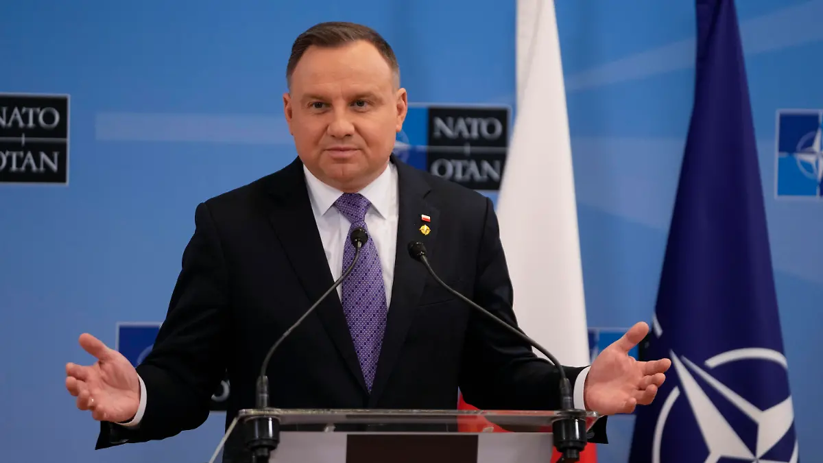 Poland's President Andrzej Duda speaks during a media conference after an extraordinary NATO summit at NATO headquarters in Brussels, Thursday, March 24, 2022. As the war in Ukraine grinds into a second month, President Joe Biden and Western allies are gathering to chart a path to ramp up pressure on Russian President Vladimir Putin while tending to the economic and security fallout that's spreading across Europe and the world. (AP Photo/Markus Schreiber)