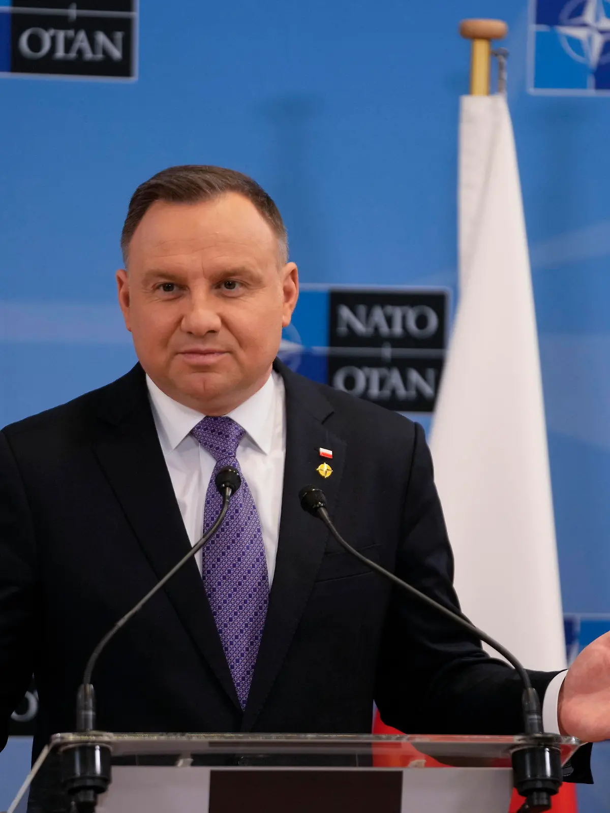 Poland's President Andrzej Duda speaks during a media conference after an extraordinary NATO summit at NATO headquarters in Brussels, Thursday, March 24, 2022. As the war in Ukraine grinds into a second month, President Joe Biden and Western allies are gathering to chart a path to ramp up pressure on Russian President Vladimir Putin while tending to the economic and security fallout that's spreading across Europe and the world. (AP Photo/Markus Schreiber)