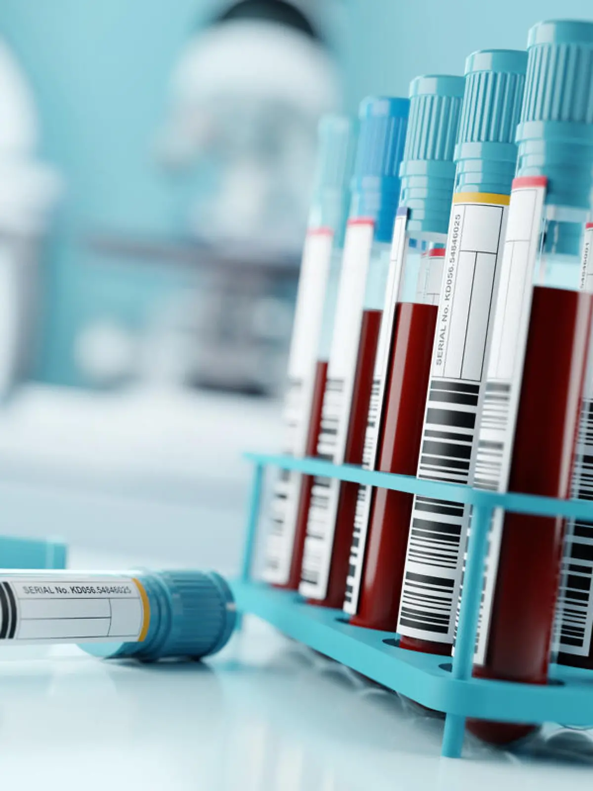 Blood samples and test results in a clinical medical laboratory. 3D illustration