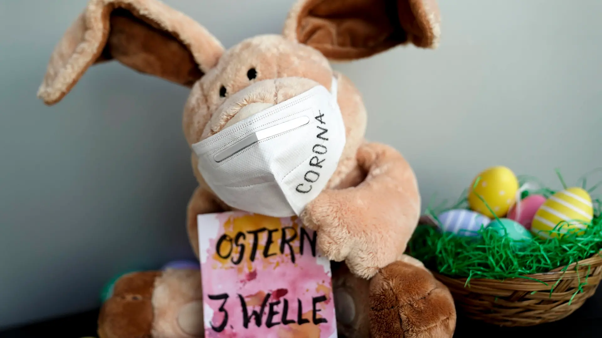 Symbolbild Osterhase mit FFP2 Maske und Schild mit der Aufschrift Ostern 3. Welle Symbolfoto Osterhase mit FFP2 Maske mit Osternest und Schild mit der Aufschrift Ostern 3. Welle. Durch die steigenden Infektionszahlen ist eine 3. Welle im Rahmen der Corona Pandemie immer wahrscheinlicher. Deutschland *** Symbol picture Easter bunny with FFP2 mask and sign with the inscription Easter 3 wave Symbol photo Easter bunny with FFP2 mask with Easter nest and sign with the inscription Easter 3 wave Due to the increasing infection numbers a 3 wave in the context of the Corona pandemic is more and more probable Germany