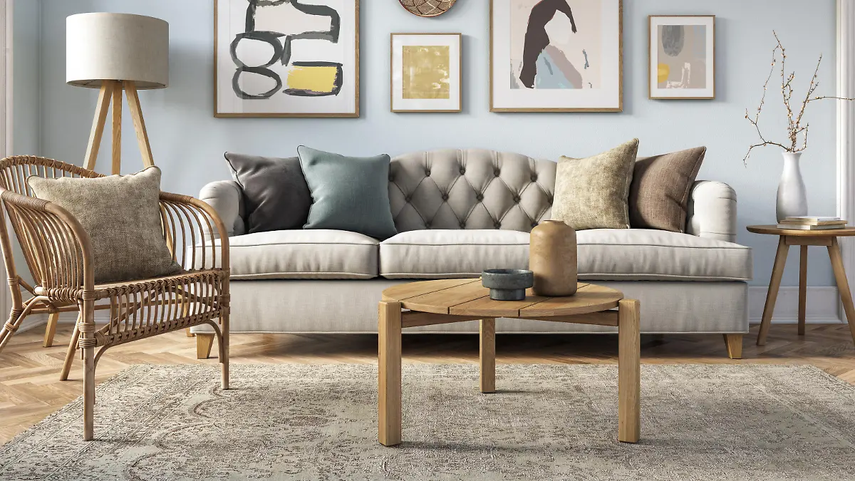 Bohemian living room interior 3d render with beige colored furniture and wooden elements and light blue colored wall