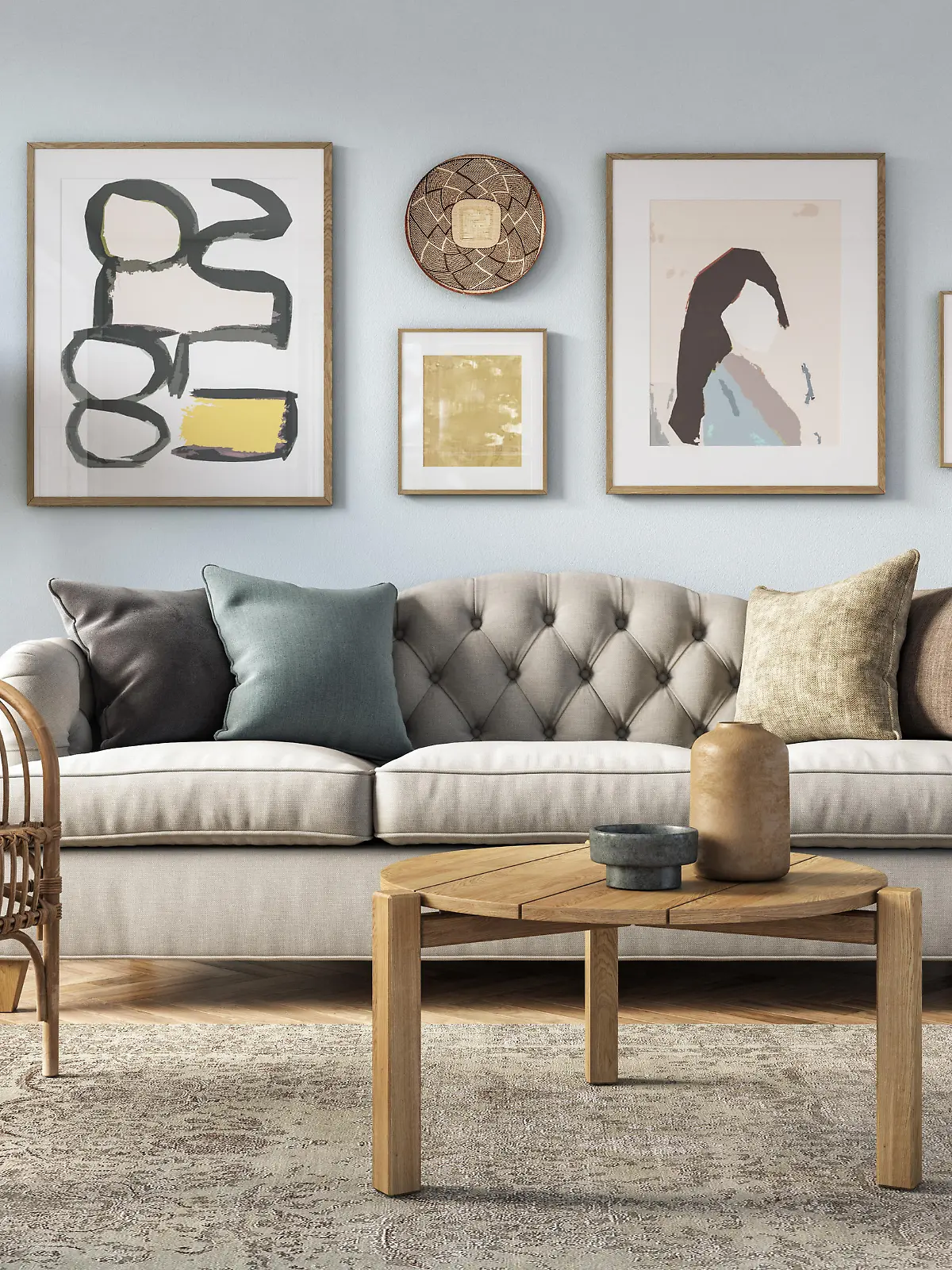 Bohemian living room interior 3d render with  beige colored furniture and wooden elements and light blue colored wall