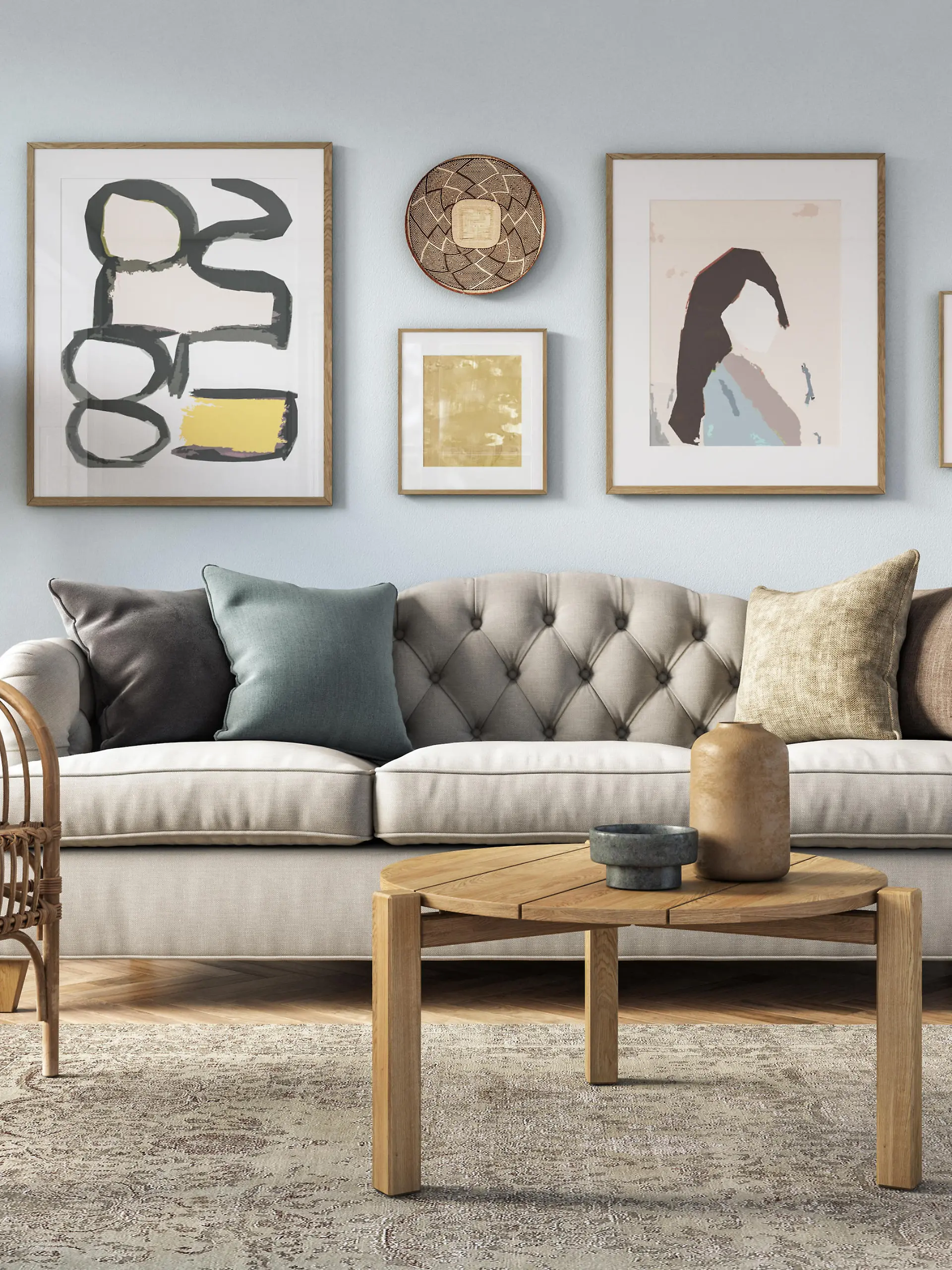 Bohemian living room interior 3d render with  beige colored furniture and wooden elements and light blue colored wall