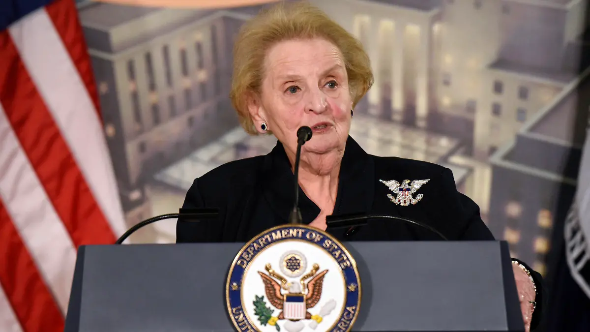 FILE - Former Secretary of State Madeleine Albright speaks at a reception celebrating the completion of the U.S. Diplomacy Center Pavilion at the State Department in Washington, Jan. 10, 2017. Albright has died of cancer, her family said Wednesday, March 23, 2022. (AP Photo/Sait Serkan Gurbuz, File)