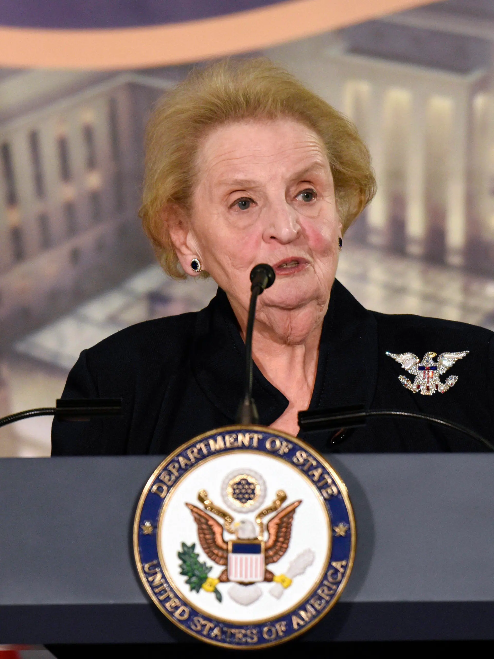 FILE - Former Secretary of State Madeleine Albright speaks at a reception celebrating the completion of the U.S. Diplomacy Center Pavilion at the State Department in Washington, Jan. 10, 2017. Albright has died of cancer, her family said Wednesday, March 23, 2022. (AP Photo/Sait Serkan Gurbuz, File)