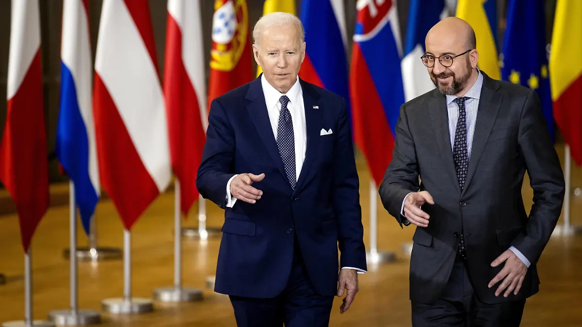 BRUSSELS - United States President Joe Biden is welcomed by European Council President Charles Michel R at the Europa Building ahead of a visit to the European Council meeting. The European Council discusses, among other things, the Russian military aggression against Ukraine. ANP SEM VAN DER WAL *** BRUSSELS United States President Joe Biden is welcomed by European Council President Charles Michel R at the Europa Building ahead of a visit to the European Council meeting The European Council discusses, among other things, the Russian military aggression against Ukraine ANP SEM VAN DER WAL PUBLICATIONxINxGERxSUIxAUTxONLY Copyright: xANPx/xxANPx x446045625x originalFilename: 446045625.jpg