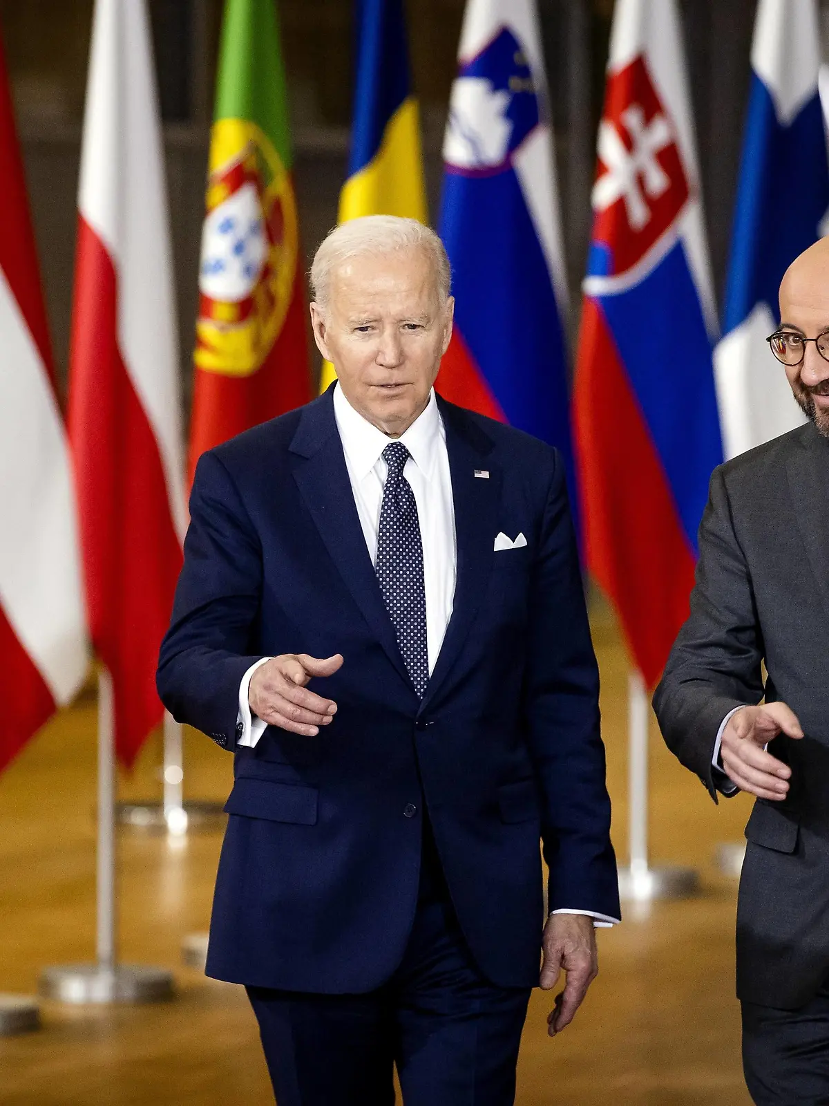  BRUSSELS - United States President Joe Biden is welcomed by European Council President Charles Michel R at the Europa Building ahead of a visit to the European Council meeting. The European Council discusses, among other things, the Russian military aggression against Ukraine. ANP SEM VAN DER WAL *** BRUSSELS United States President Joe Biden is welcomed by European Council President Charles Michel R at the Europa Building ahead of a visit to the European Council meeting The European Council discusses, among other things, the Russian military aggression against Ukraine ANP SEM VAN DER WAL PUBLICATIONxINxGERxSUIxAUTxONLY Copyright: xANPx/xxANPx x446045625x originalFilename: 446045625.jpg