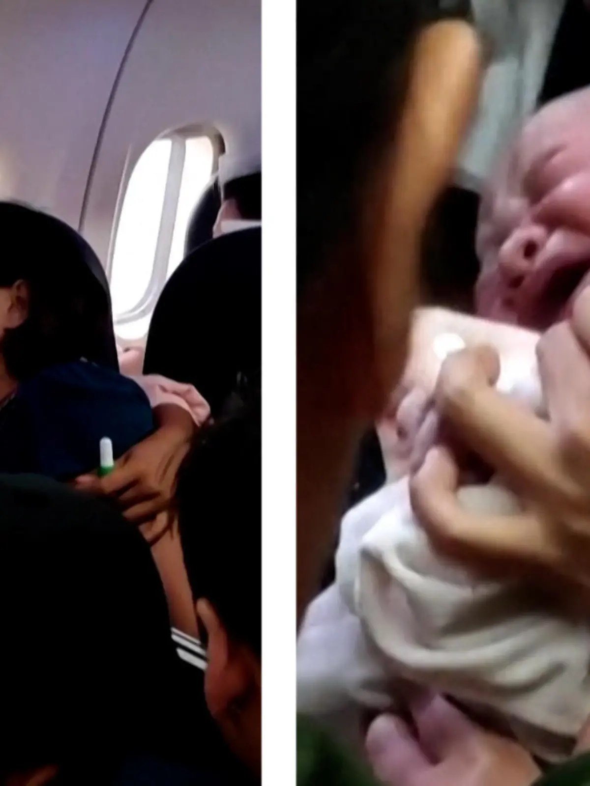 Eine Frau ist plötzlich inmitten ihrer Wehen und bekommt ihr Kind in einem Flugzeug. Passagiere helfen der werdenden Mutter dabei, ihr Baby auf dem Flugzeugsitz zu bekommen.