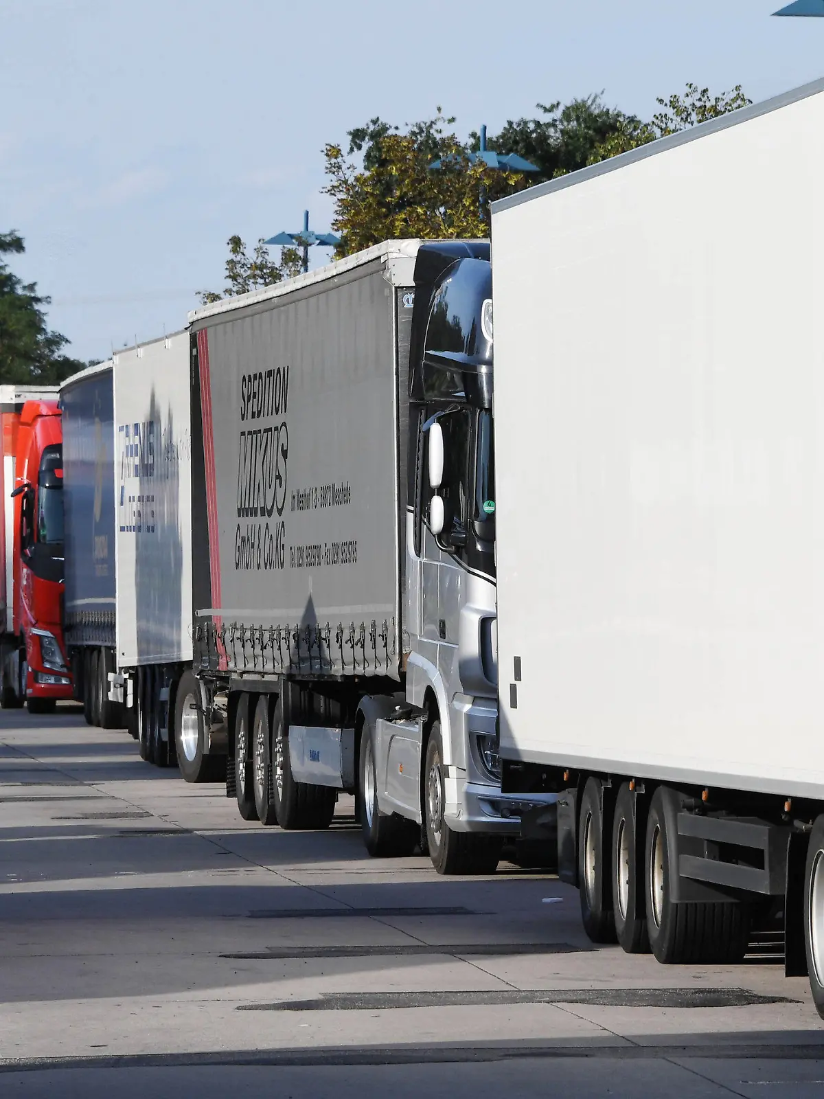 08.08.2019, Baden-Württemberg, Karlsruhe: Lastwagen stehen an der Autobahn 5 bei Karlsruhe auf einem Rastplatz auf Lkw Parkplätzen.   (zu dpa: «Risiko Rastplatz: Fehlende Lkw-Parkplätze provozieren Unfälle») Foto: Uli Deck/dpa +++ dpa-Bildfunk +++