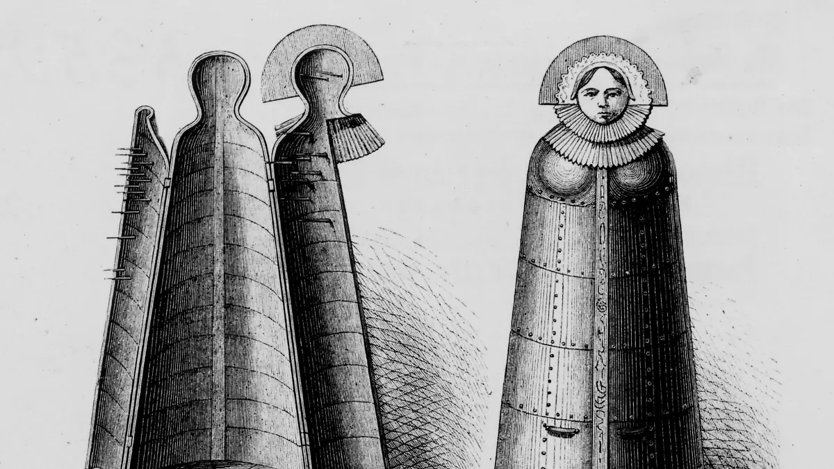 Eiserne Jungfrau / Holzstich Recht / Folter: - 'Die eiserne Jungfer' (Darstellung der Eisernen Jungfrau in der Nuernberger Burg).- Holzstich, unbez. (19. Jahrh.). E: The Iron Maiden / Woodcut Law / Torture: - 'The Iron Maiden' (Depiction of the Iron Maiden in the Fortress of Nuremberg). - Woodcut, unsigned (19th-century). F: Demoiselle de fer / Gravure sur bois Droit / Torture: - 'La Demoiselle de fer' (Representation de la demoiselle de fer enfermee dans le chateau de Nuremberg). - Gravure sur bois anonyme (19eme siecle).