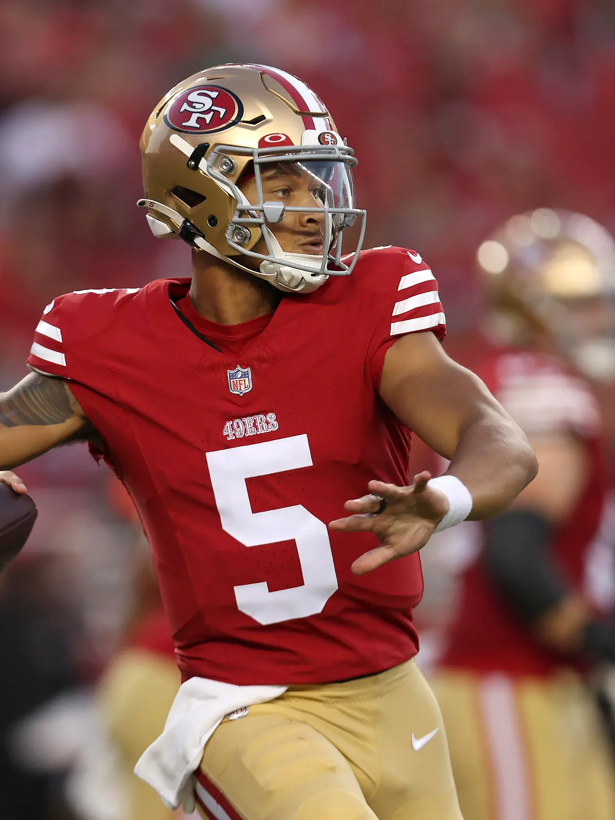 San Francisco 49ers quarterback Trey Lance (5) passes against the Denver Broncos during the second half of an NFL preseason football game in Santa Clara, Calif., Saturday, Aug. 19, 2023. (AP Photo/Jed Jacobsohn)