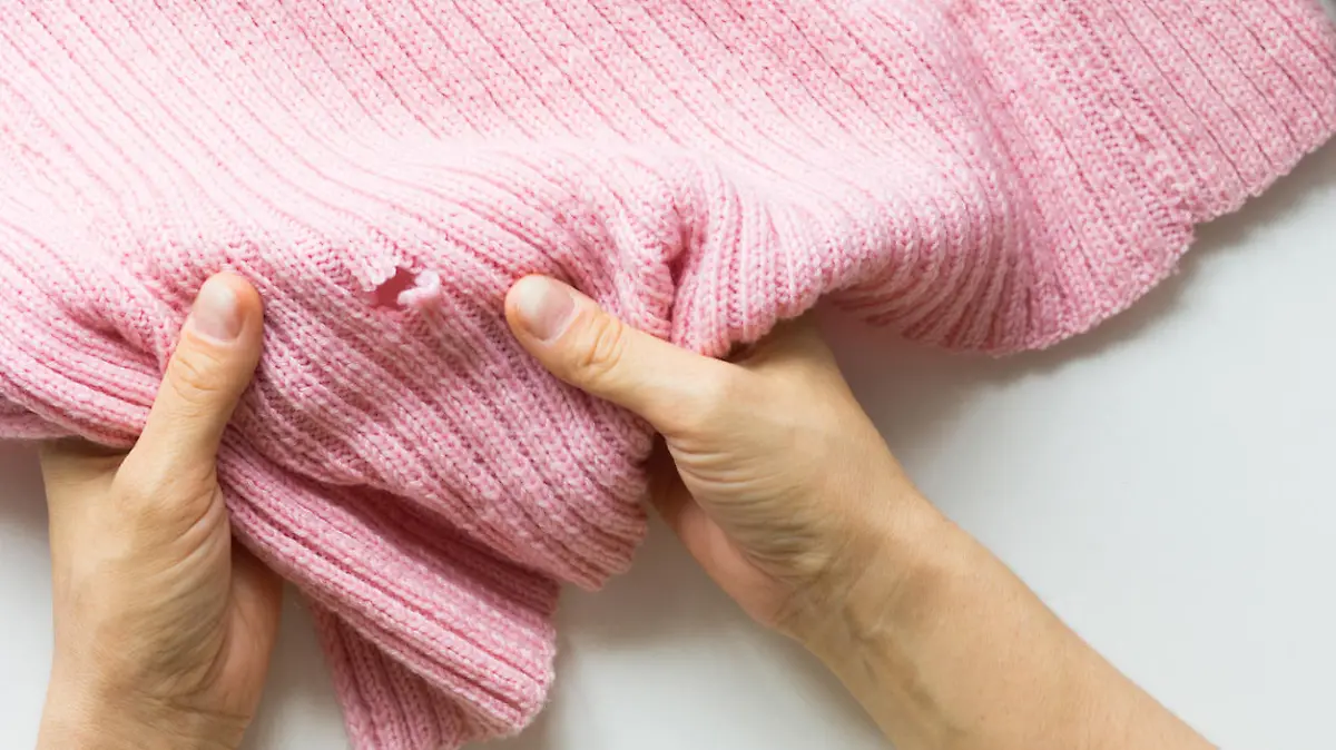 Woman hands holding the knitted thing with hole made by mole
