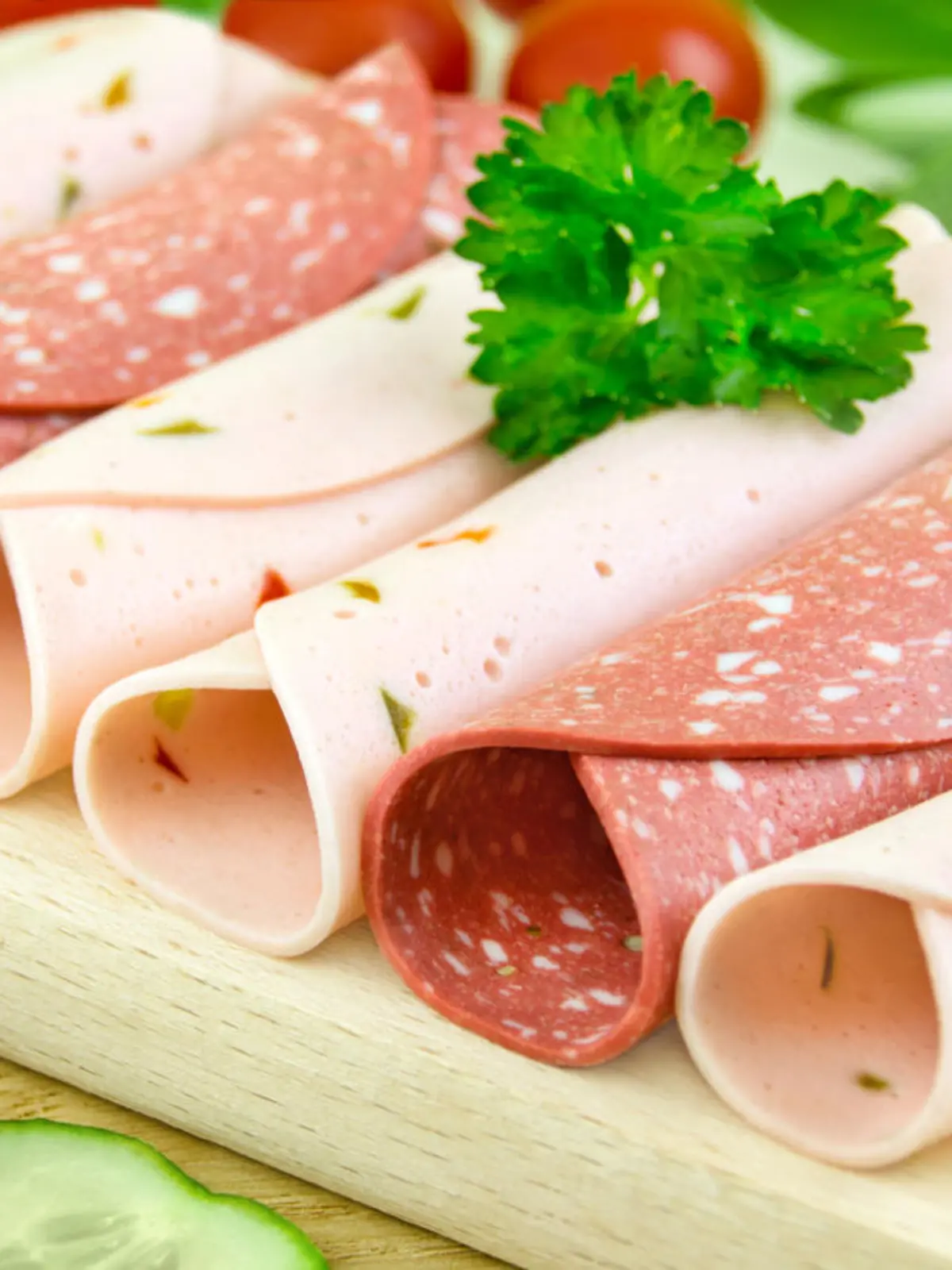 Vegetarian cold meat substitutes on wooden background