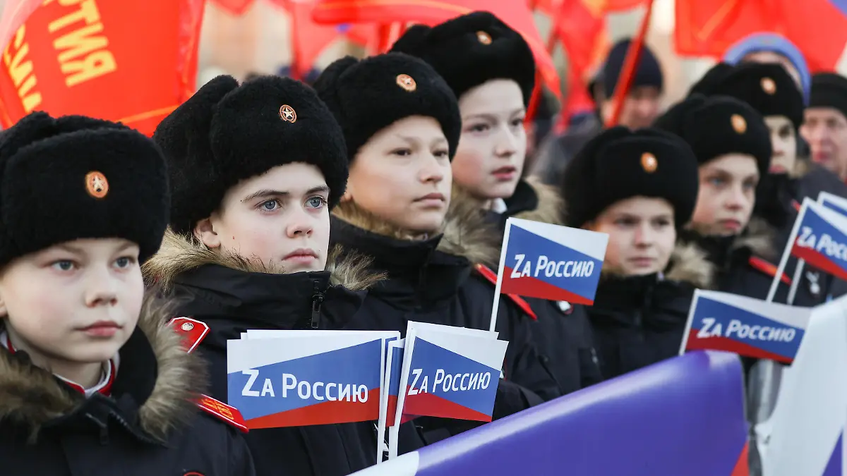 KAZAN, RUSSIA - MARCH 18, 2022: Suvorov School students attend a concert marking the 8th anniversary of Crimea's reunification with Russia in Victory Park. Yegor Aleyev/TASS/ddp/Sipa USA