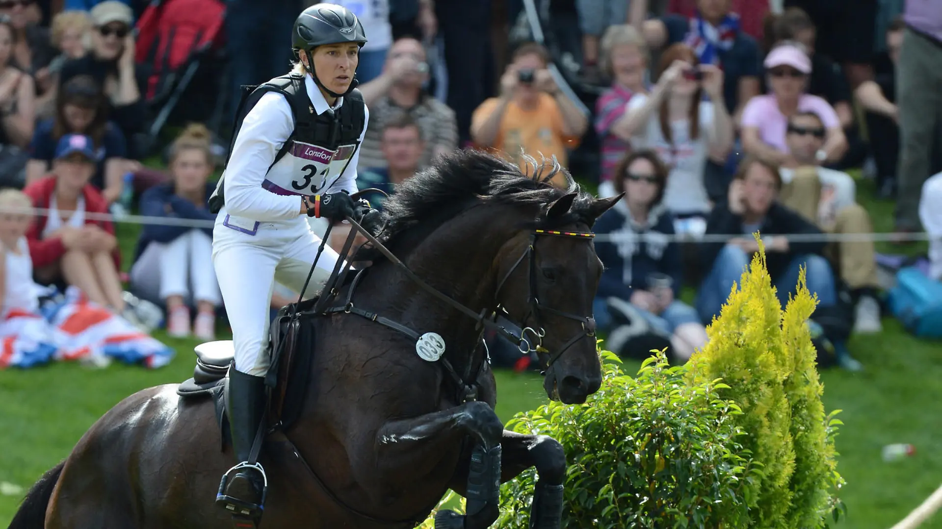 German eventing rider Ingrid Klimke jumps with her horse Butts Abraxxas during the Eventing Cross Country of the Equestrian competition in Greenwich Park at the London 2012 Olympic Games, London, Great Britain, 30 July 2012. Photo: Jochen Luebke dpa +++(c) dpa - Bildfunk+++