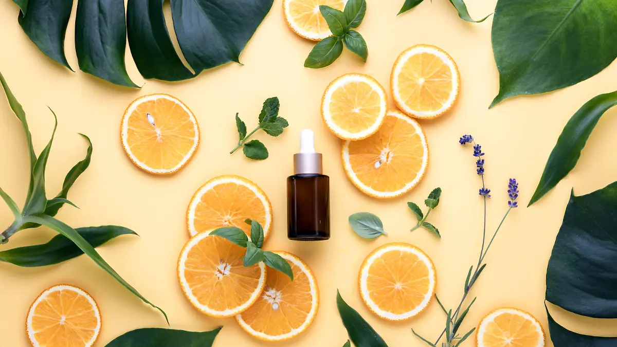 Natural cosmetics concept, fresh ingredients for skin treatment vitamin C serum, flat lay