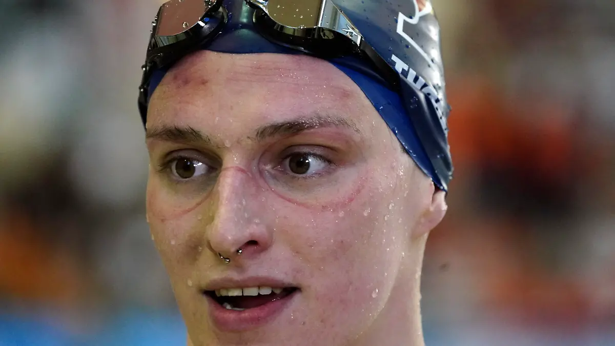 Pennsylvania's Lia Thomas does a television interview after winning the women's 500-yard freestyle at the NCAA swimming and diving championships Thursday, March 17, 2022, at Georgia Tech in Atlanta. Thomas is the first known transgender woman to win an NCAA swimming championship. (AP Photo/John Bazemore)