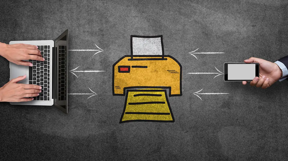 Online data sharing using laptop and mobile phone with printer icon