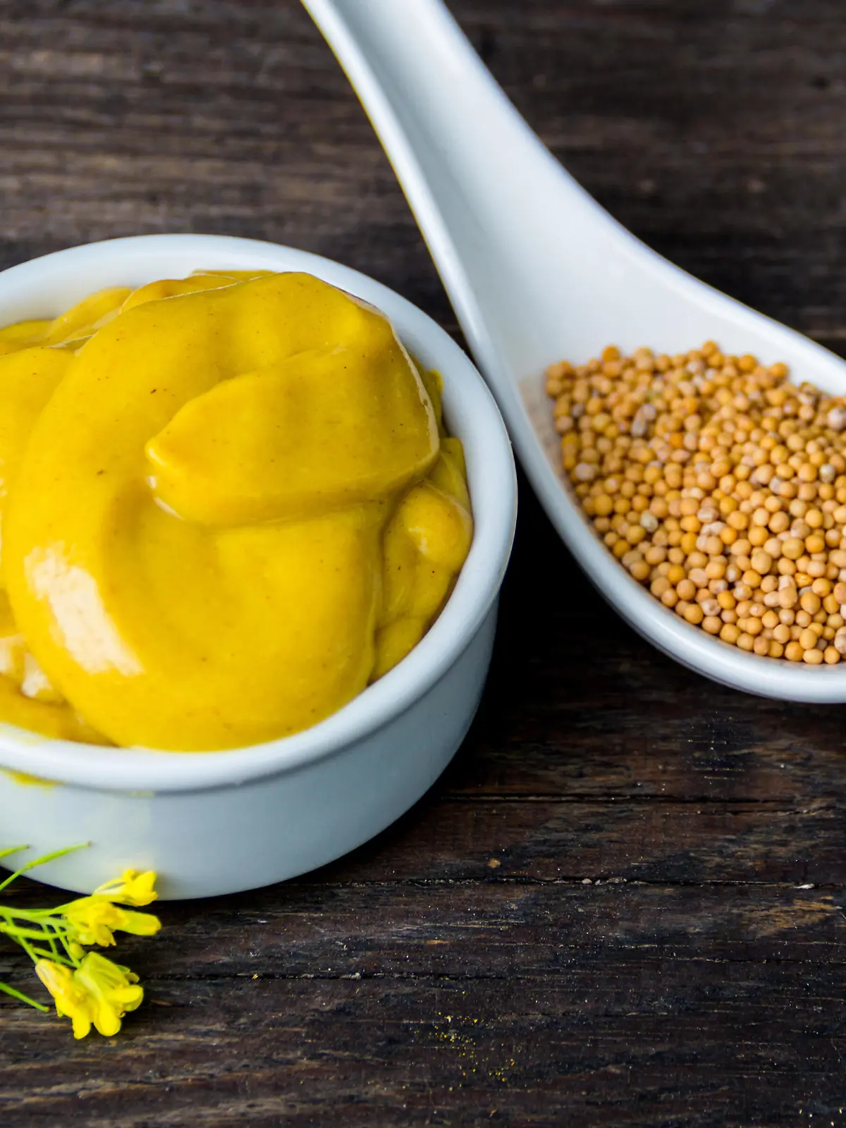 mustard sauce with its ingredients, turmeric, seeds and flowers