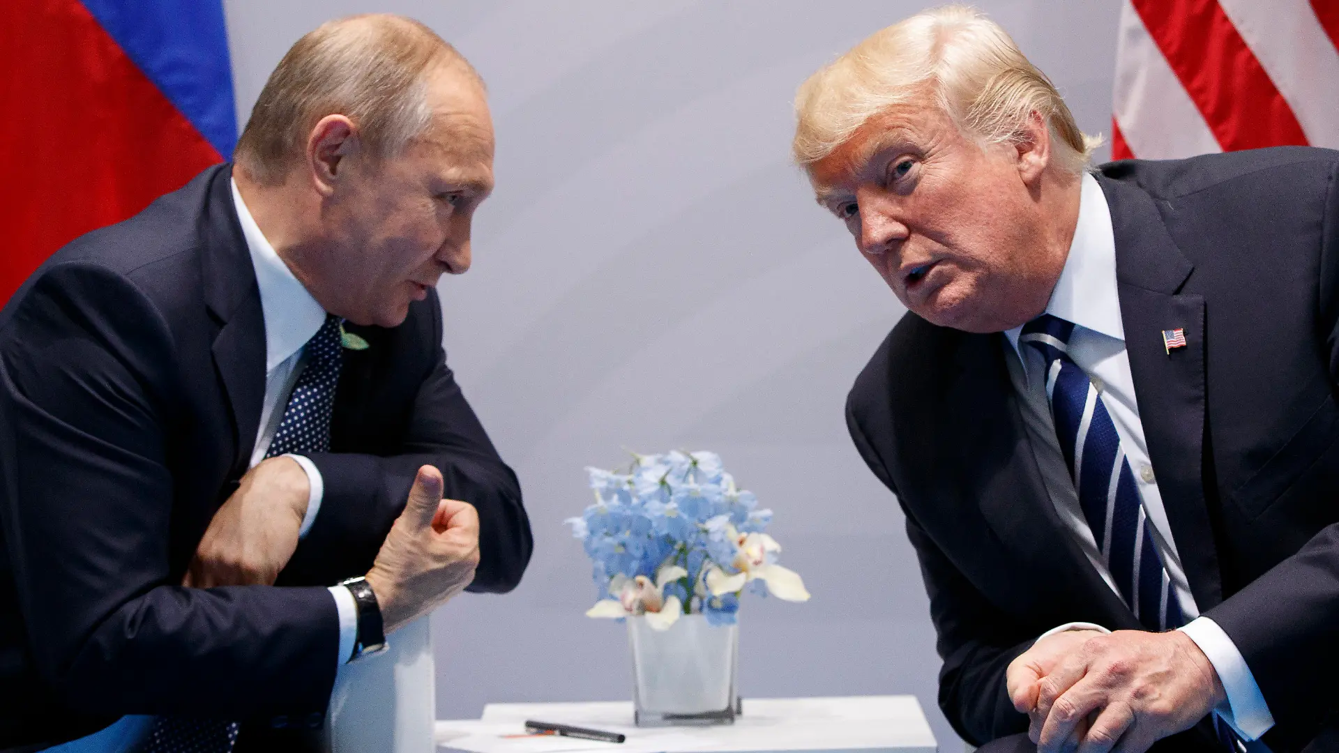 FILE - In this July 7, 2017, file photo, U.S. President Donald Trump meets with Russian President Vladimir Putin at the G-20 Summit in Hamburg. Putin won’t congratulate President-elect Joe Biden until legal challenges to the U.S. election are resolved and the result is official, the Kremlin announced Monday, Nov. 9, 2020. When Donald Trump won in 2016, Putin was prompt in offering congratulations, but his spokesman Dmitry Peskov told reporters that this year’s election is different. (AP Photo/Evan Vucci, File)