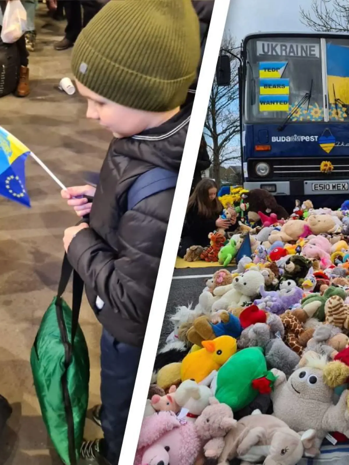 Mann überreicht ukrainischem Kind einen Teddy, vor dem Teddy-Bus liegt ein Berg von Stofftieren