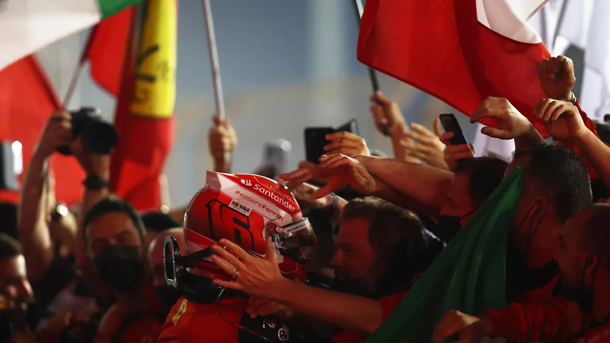 BAHRAIN, BAHRAIN - MARCH 20: Race winner Charles Leclerc of Monaco and Ferrari celebrates in parc ferme during the F1 Grand Prix of Bahrain at Bahrain International Circuit on March 20, 2022 in Bahrain, Bahrain. (Photo by Lars Baron/Getty Images)