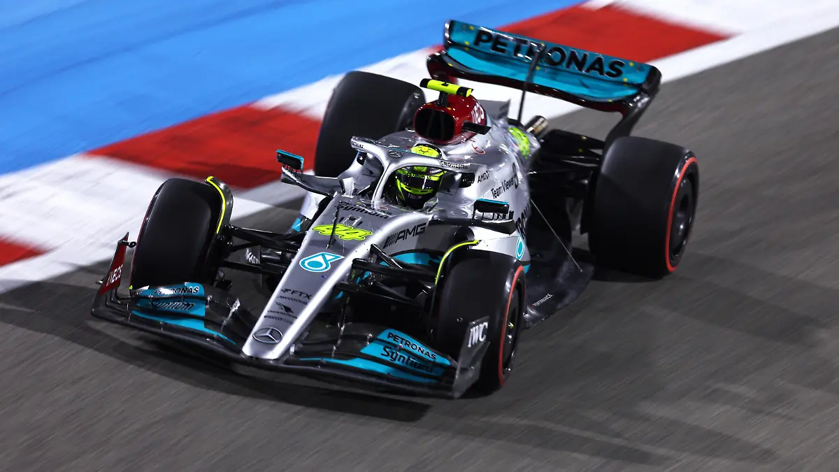 BAHRAIN, BAHRAIN - MARCH 19: Lewis Hamilton of Great Britain driving the (44) Mercedes AMG Petronas F1 Team W13 on track during qualifying ahead of the F1 Grand Prix of Bahrain at Bahrain International Circuit on March 19, 2022 in Bahrain, Bahrain. (Photo by Lars Baron/Getty Images)