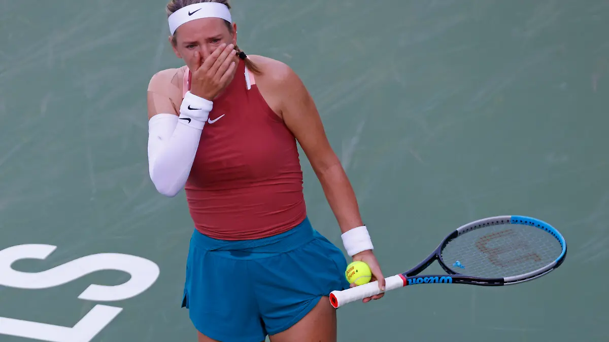 March 14, 2022 Victoria Azarenka of Belarus cries during her match against Elena Rybakina of Kazakhstan during the 2022 BNP Paribas Open at Indian Wells Tennis Garden in Indian Wells, California. Mandatory Photo Credit: Charles Baus/CSM. Photo via Newscom picture alliance