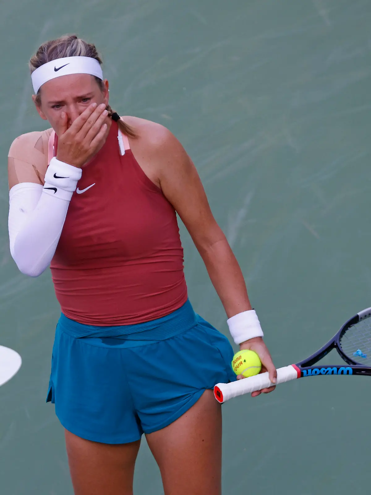 March 14, 2022 Victoria Azarenka of Belarus cries during her match against Elena Rybakina of Kazakhstan during the 2022 BNP Paribas Open at Indian Wells Tennis Garden in Indian Wells, California. Mandatory Photo Credit: Charles Baus/CSM. Photo via Newscom picture alliance