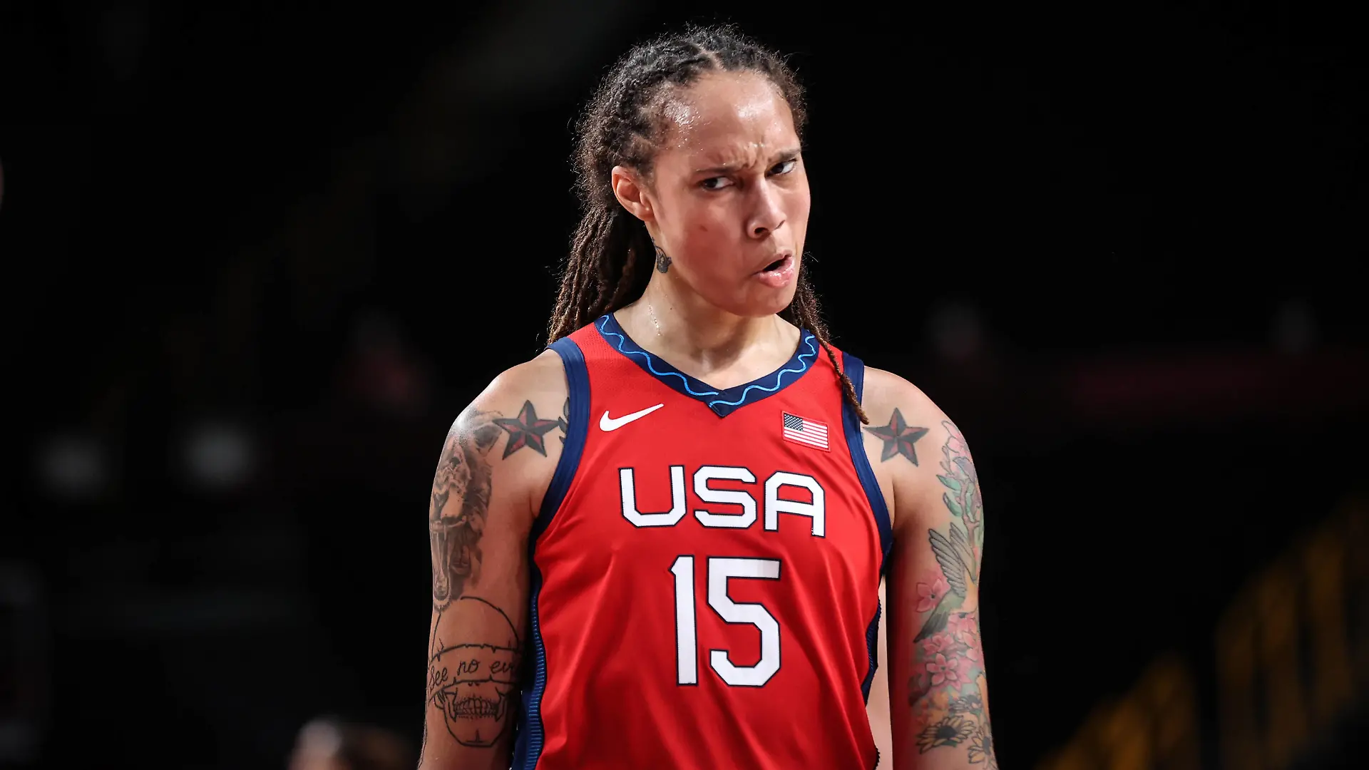 210804 -- SAITAMA, Aug. 4, 2021 -- Brittney Griner of the United States reacts during the women s basketball quarterfinal between the United States and Australia at the Tokyo 2020 Olympic Games, Olympische Spiele, Olympia, OS in Saitama, Japan, Aug. 4, 2021. TOKYO2020JAPAN-SAITAMA-OLY-BASKETBALL-WOMEN S QUARTERFINAL PanxYulong PUBLICATIONxNOTxINxCHN