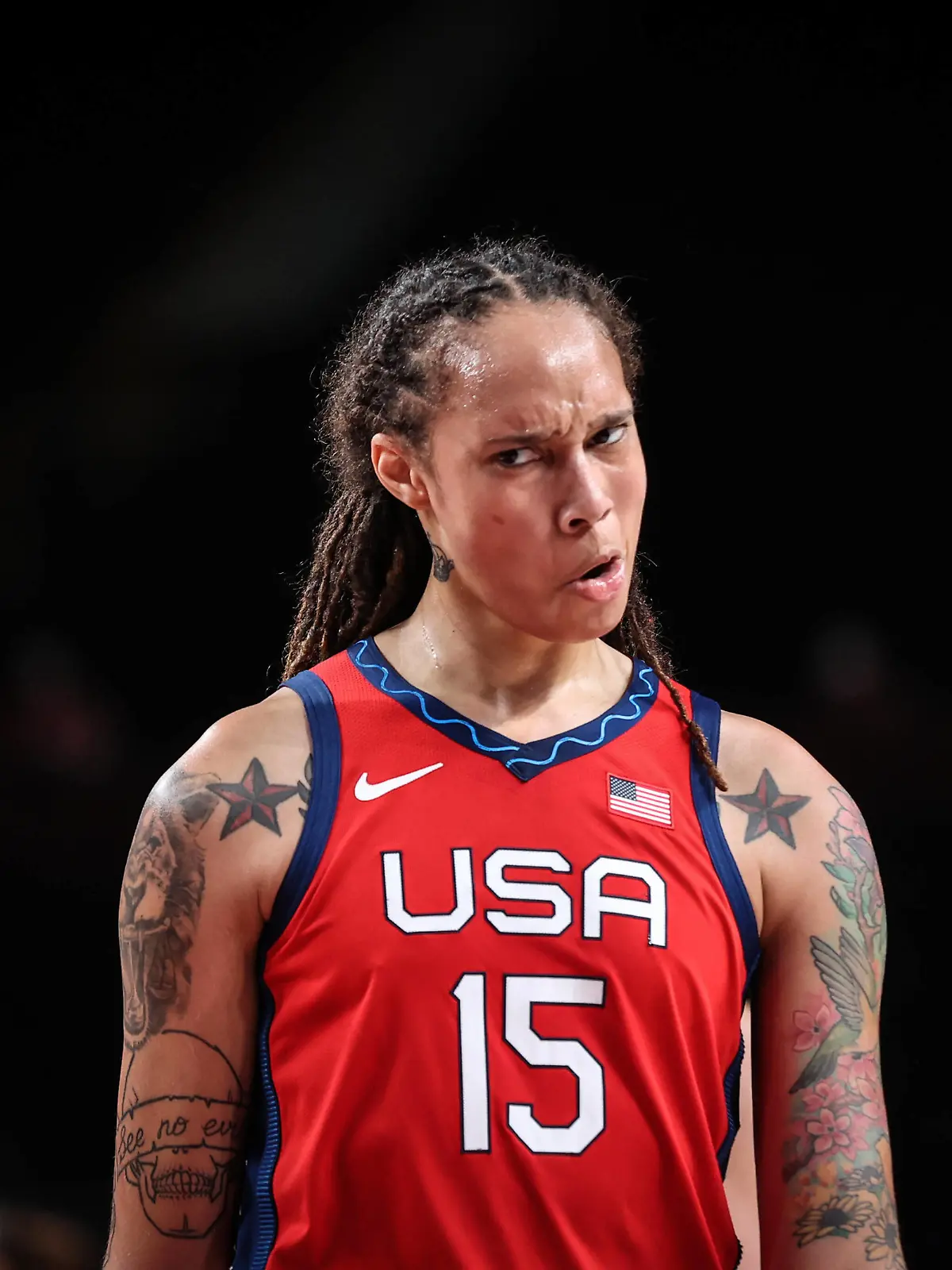  210804 -- SAITAMA, Aug. 4, 2021 -- Brittney Griner of the United States reacts during the women s basketball quarterfinal between the United States and Australia at the Tokyo 2020 Olympic Games, Olympische Spiele, Olympia, OS in Saitama, Japan, Aug. 4, 2021.  TOKYO2020JAPAN-SAITAMA-OLY-BASKETBALL-WOMEN S QUARTERFINAL PanxYulong PUBLICATIONxNOTxINxCHN