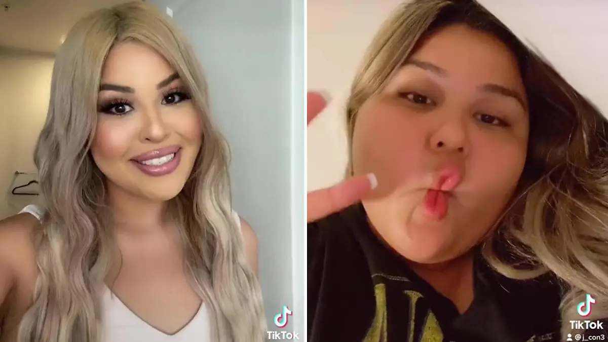 Jaimi links geschminkt und erschlankt und rechts mit aufgedunsenem Gesicht und Fischmund.