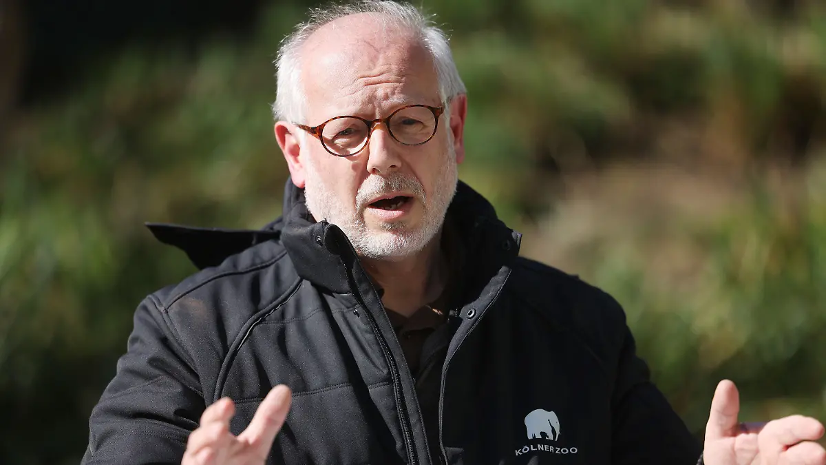 18.03.2022, Nordrhein-Westfalen, Köln: Theo Pegel, Direktor des Zoos, berichtet über den Vorfall im Elefantenhaus. Nach einem Kampf unter asiatischen Elefanten im Kölner Zoo ist eine Elefantenkuh eingeschläfert worden. Bei der Auseinandersetzung hat der Bulle «Bindu» die Kuh «Maejaruad» so schwer am rechten Hinterbein verletzt, dass Waden- und Schienbein gebrochen wurden. (Zu dpa: «Elefantenkuh im Kölner Zoo nach Kampf mit Bullen eingeschläfert») Foto: Oliver Berg/dpa +++ dpa-Bildfunk +++