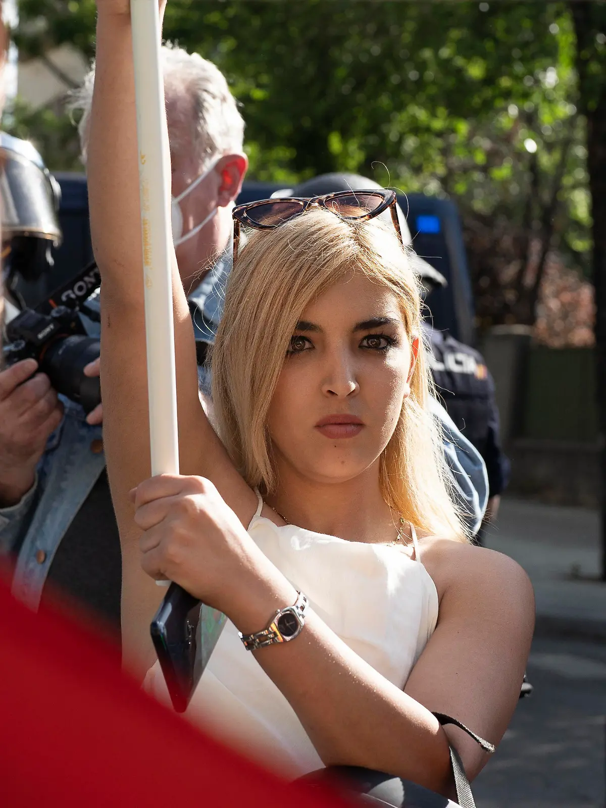 Isabel Medina Peralta during protest by right wing and extreme right wing groups against Morocco outside the Moroccan embassy in Madrid, Spain, Tuesday, May 18, 2021. Spain has sent its military to the Moroccan border as thousands of Moroccans walked or swam into Europe for the second day in a row after Rabat loosened border controls in a diplomatic spat. (Photo by Oscar Gonzalez/NurPhoto)